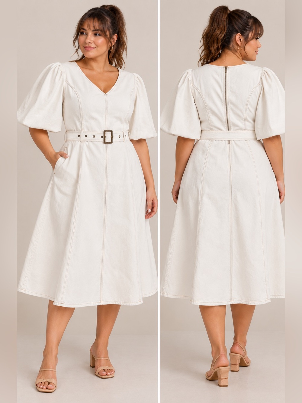 City Chic Ivory Denim Belted Puff Sleeve Midi Dress Size 14
